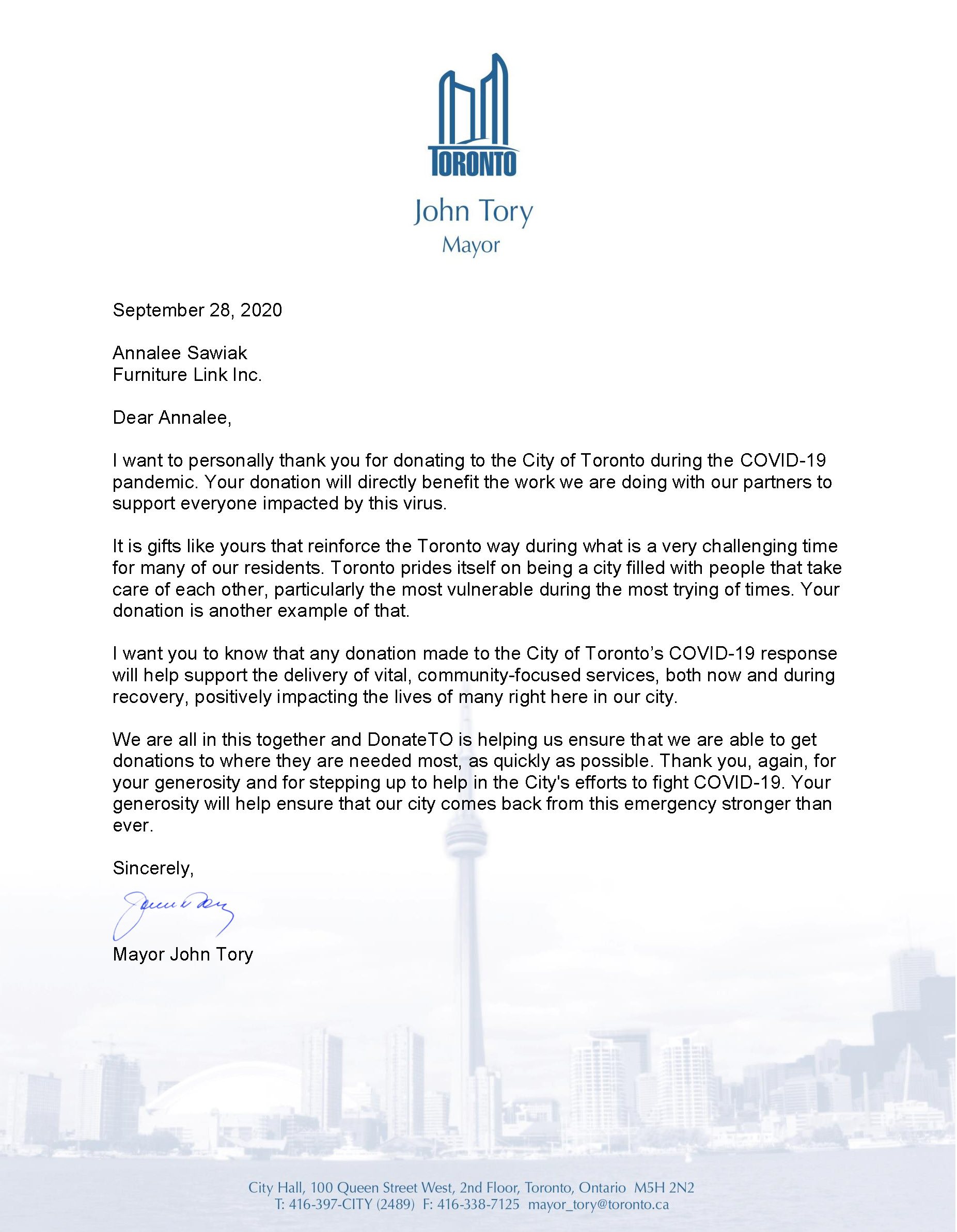 Letter of thanks from mayor